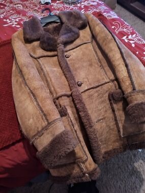 Men's Brown Shearling Coat with Fur Trim
